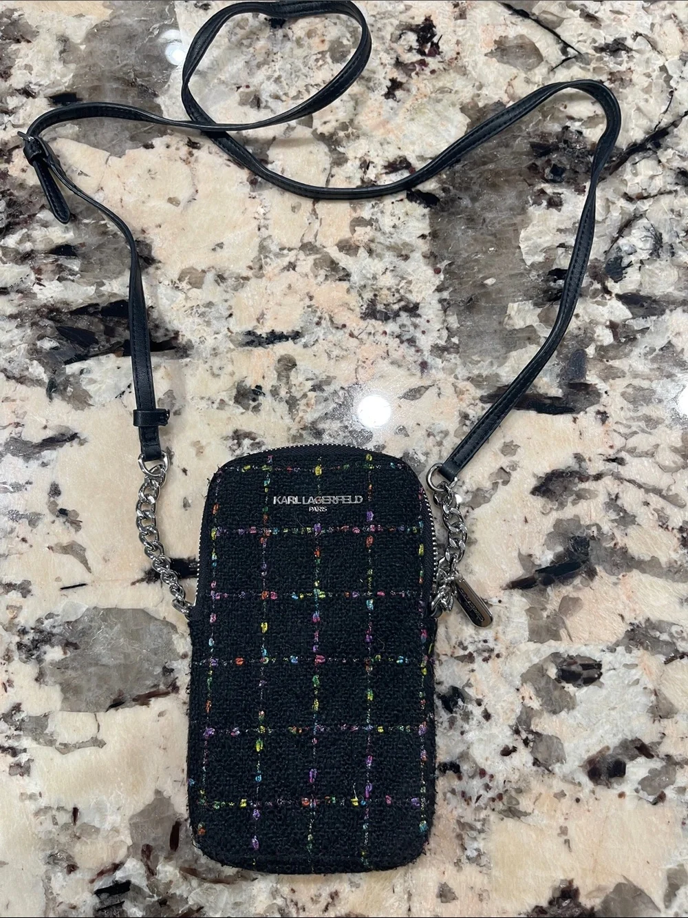 Karl Lagerfeld Black Tweed Crossbody Phone Pouch with Multicolor Stitching